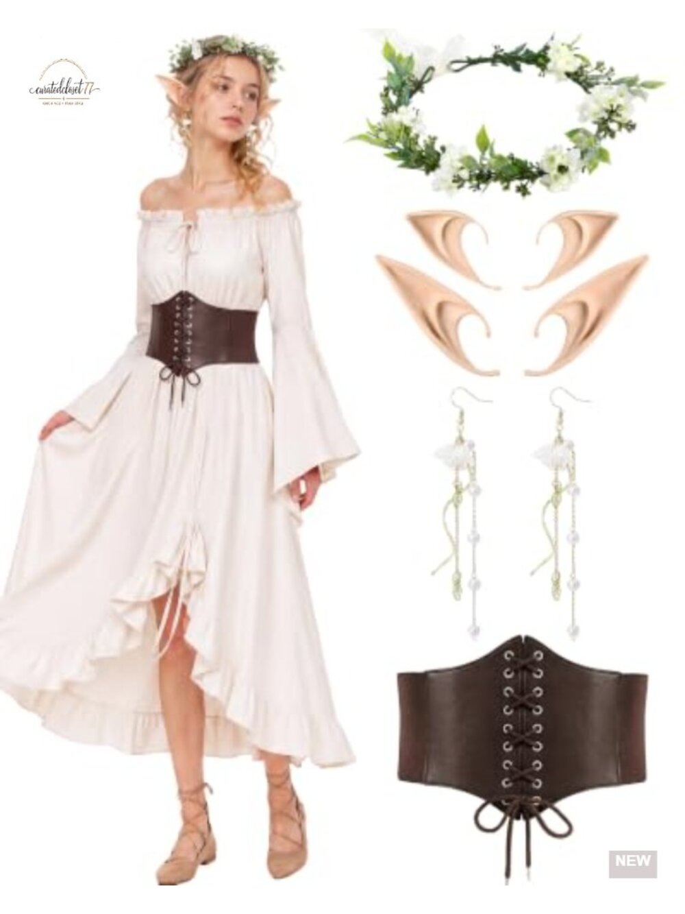 Renaissance Fairy Dress 6-Piece Costume Set with Corset Belt Flower Crown Elf